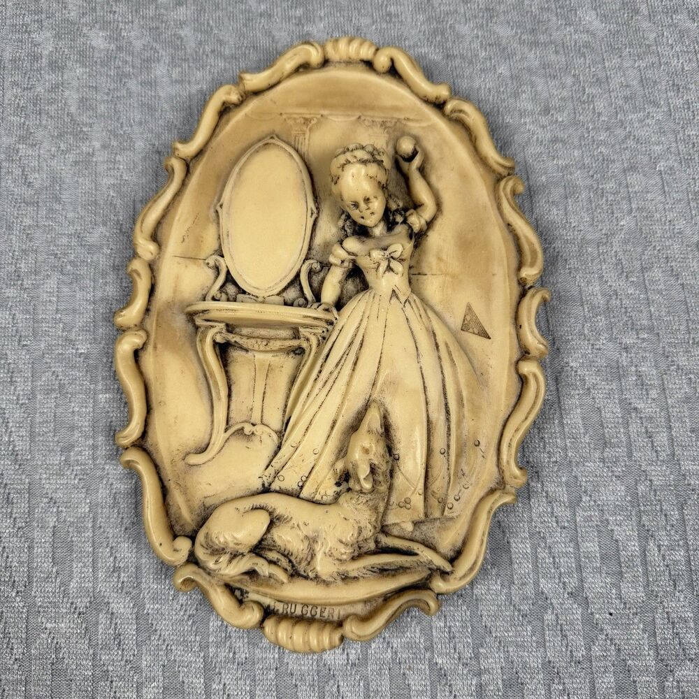 Vintage G Ruggeri Alabaster Resin Plaque Of Victorian Woman Dog Rockraft England